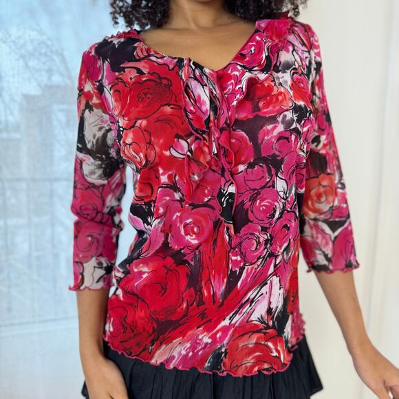 Italian Vintage Romcom Floral Mesh Long Sleeves Blouse (M/L) - Picture 4 of 7